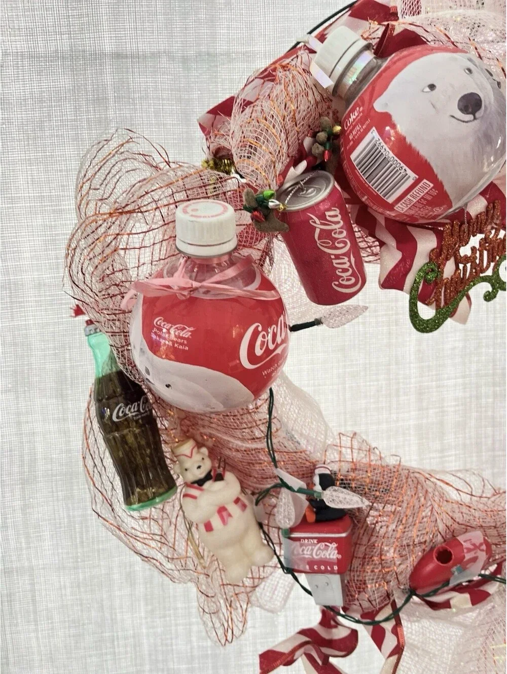 Handmade Coca Cola Christmas Winter Wreath Deco Mesh Red  White 17”